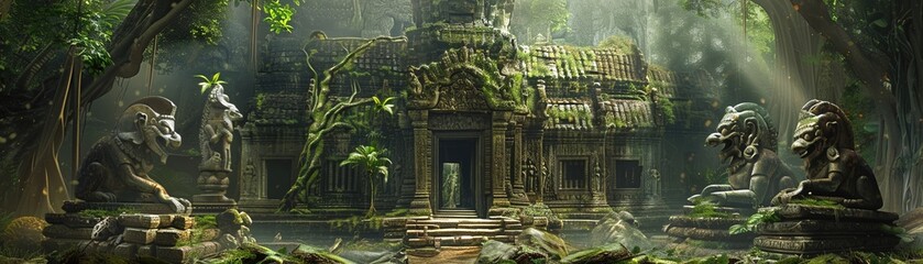 An ancient temple hidden within an overgrown jungle