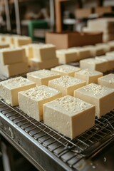 Freshly Made White Cheese Blocks on a Metal Cooling Rack