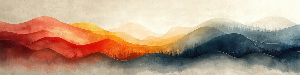 Obraz premium Abstract landscape with flowing waves in warm and cool tones.