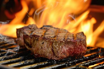Juicy beef steak sizzling on the grill, flames in the background
