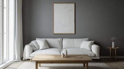 A realistic photo of a clean, minimalist living room with a wooden coffee table beside a white sofa. The grey wall and art poster enhance the modern design. Styled like a high-end lifestyle magazine