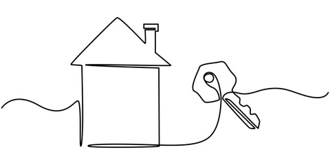 Real Estate Agent Single Line Icon, Renting & Buying Property Continuous Line Editable Icon, Keys Single Line Icon, house with key continuous one line drawing, Set of keys against white background.