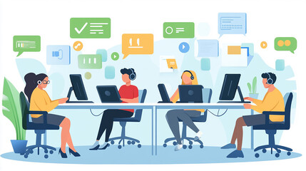 Customer service team assisting clients via phone and email in a modern call center.