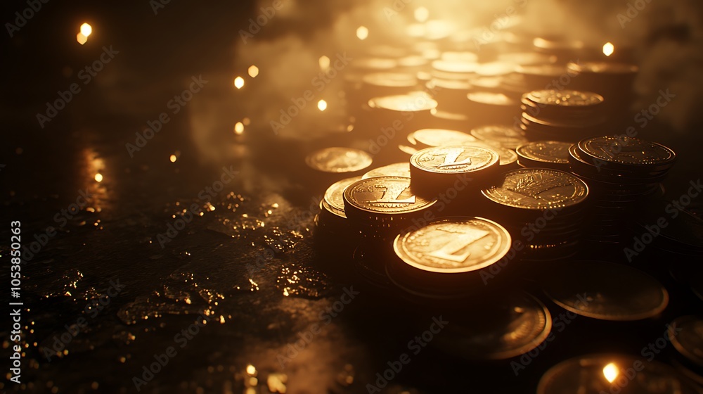 Poster a pile of gleaming coins illuminated by soft light, creating a mystical atmosphere.