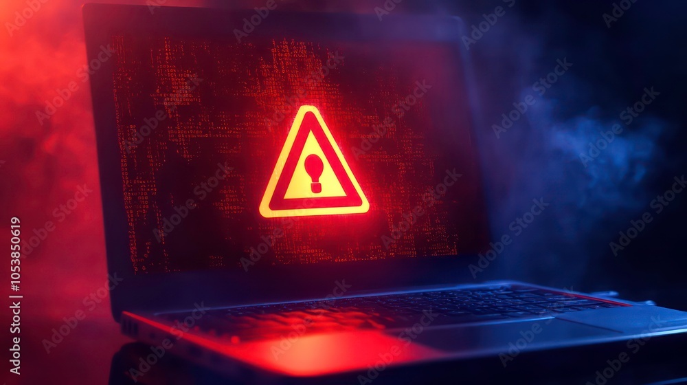 Aufkleber a laptop displaying a warning symbol, suggesting a security issue or threat.