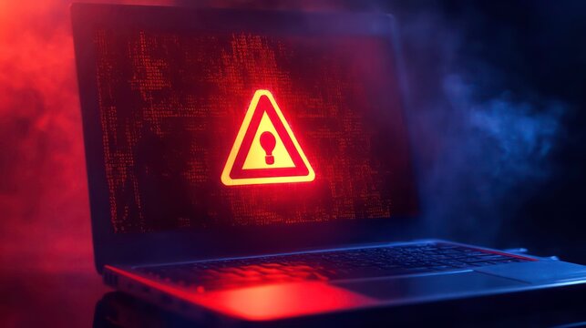 A laptop displaying a warning symbol, suggesting a security issue or threat.