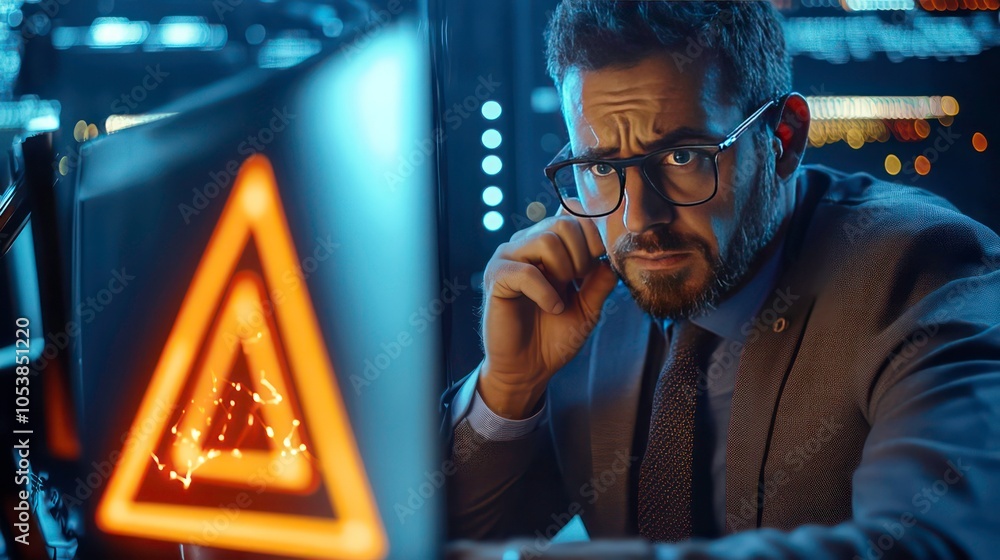 Poster a concerned man in a suit, focused on a computer screen with a warning symbol.
