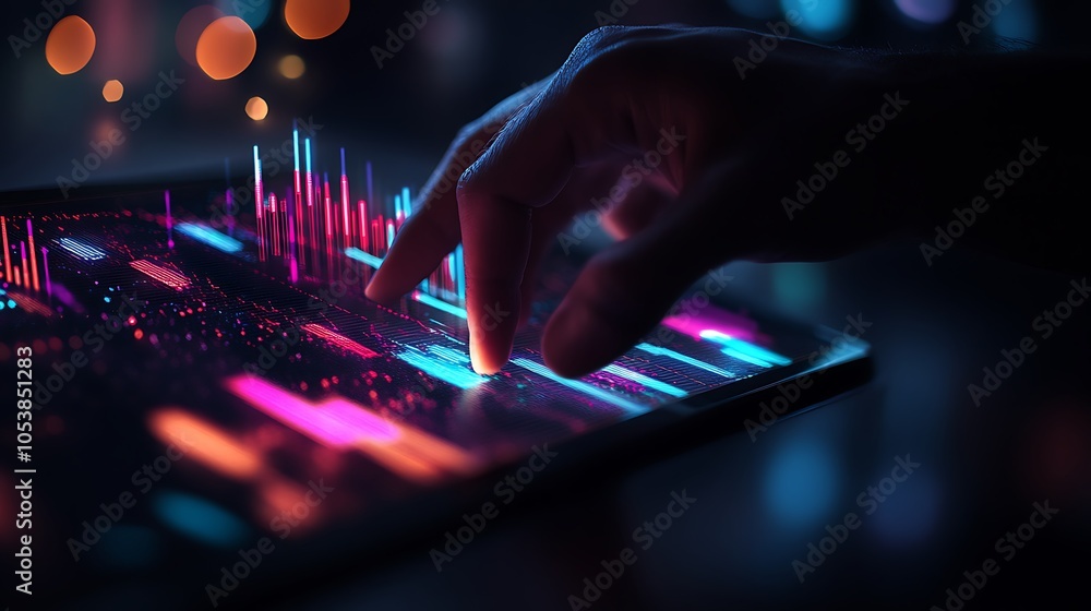 Poster a hand interacting with a vibrant digital interface displaying data visualizations.