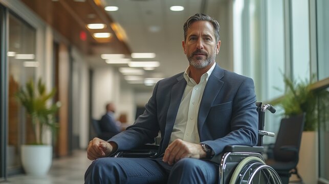A wheelchair user leads a board meeting in a modern conference room with natural lighting