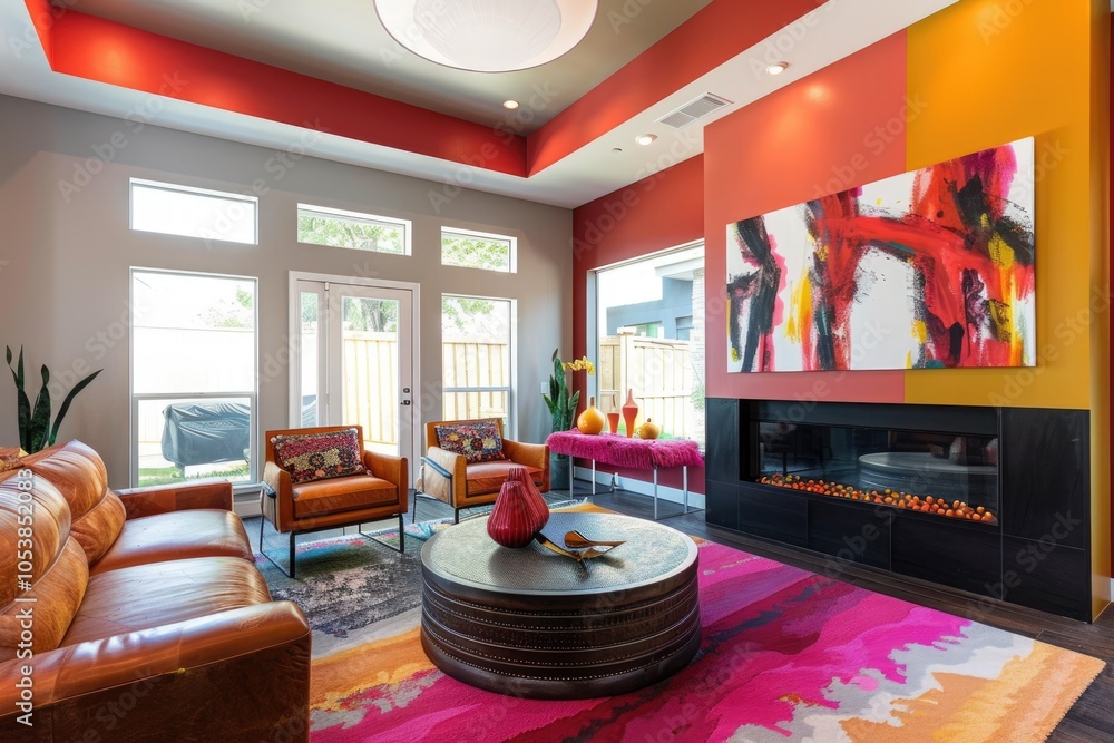 Wall mural modern living room with colorful accents and stylish furniture