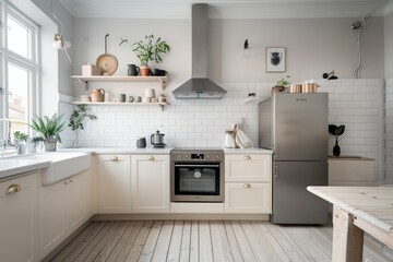 Cozy white kitchen with minimal decor and stylish appliances