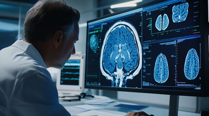 Obraz premium Doctor use computer AI technology support in analyzing complex patient data to provide accurate and personalized medical treatment plans efficiently and effectively.