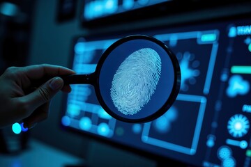 Digital security and biometrics concept with fingerprint scanning and magnifying glass for cybersecurity design.