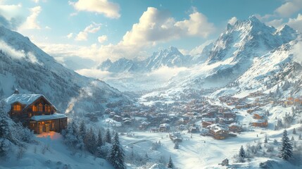 A picturesque snow-capped mountain village with a charming wooden chalet in the foreground, bathed in the golden light of a winter sunrise.