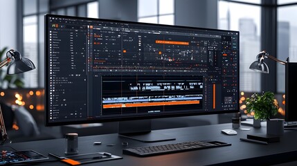 Minimalist and modern user interface design showcasing an interactive timeline that highlights key editing tools color grading controls effects panels