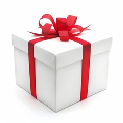 Fototapeta premium White gift box with red ribbon bow, isolated on white background
