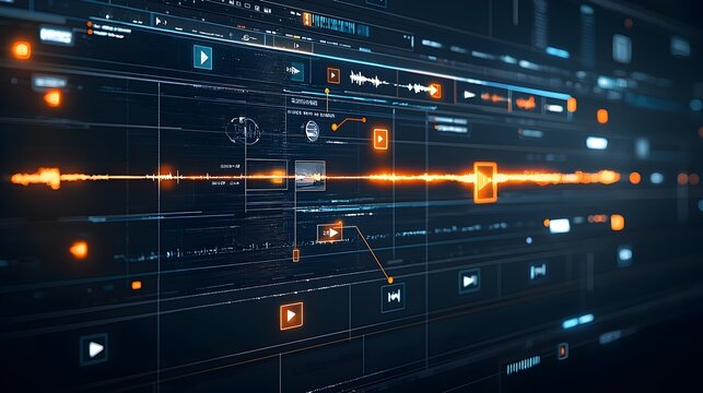 Timeline of video editing evolution featuring glowing tools split screens and seamless transitions designed for an efficient workflow and enhanced post production output