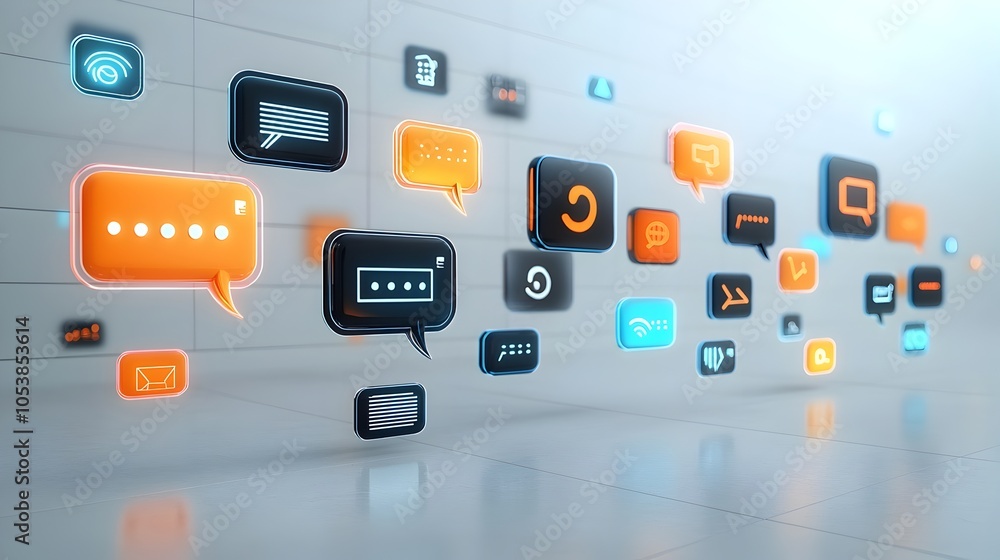Poster Futuristic Glowing 3D Speech Bubbles with Glossy Finishes and Ellipsis Floating on a Sleek White Background Representing Modern Digital Communication and Messaging Technology