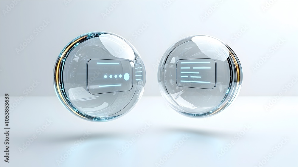 Leinwandbilder transparent 3d chat bubbles with glowing edges and ellipsis suspended against a pure white backdrop 