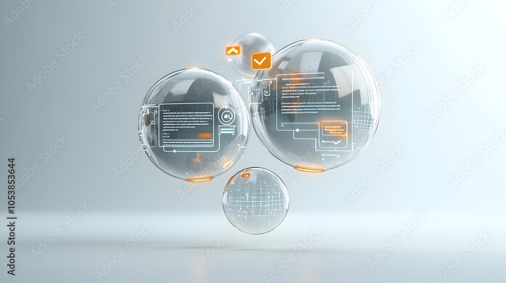 Poster Transparent 3D chat bubbles with glowing edges and ellipsis glossy and futuristic suspended against a pure white backdrop symbolizing virtual conversation and digital communication