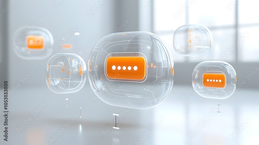 Poster Sleek and Futuristic 3D Chat Bubbles with a Luminous Glow Glossy Surfaces and Ellipsis Floating over a Bright White Background Symbolizing the Dynamic Nature of Digital Communication and Interaction