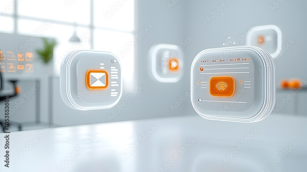 Aufkleber Luminous 3D chat bubbles with a glossy surface and ellipsis floating over a bright white background representing the concept of digital interaction and communication in a modern minimalist style