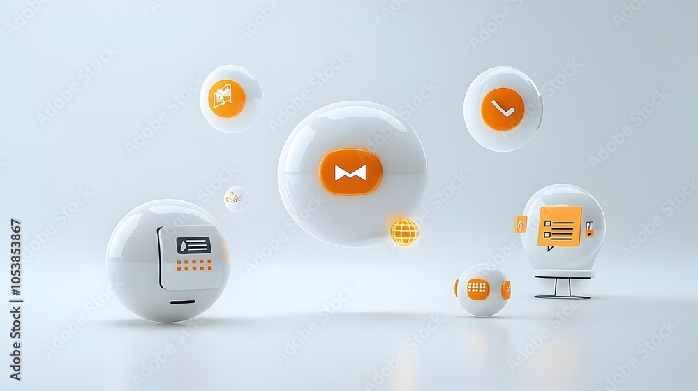 Poster futuristic 3d chat bubbles with a soft glow glossy surfaces and ellipsis floating over a clean white