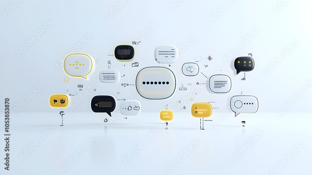 Fototapete Glossy Futuristic 3D Speech Bubbles with Glowing Outlines and Ellipsis Set Against a Sleek White Background to Convey Seamless Messaging and Chat Experience