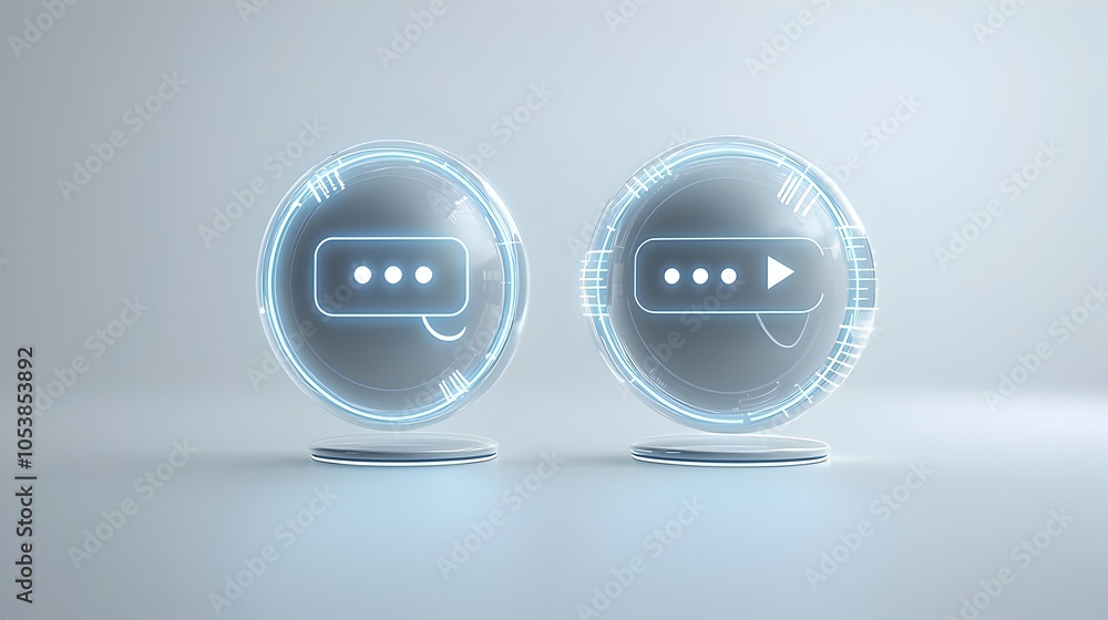 Fototapete sleek futuristic 3d speech bubbles with glowing outlines and ellipsis set against a clean white back