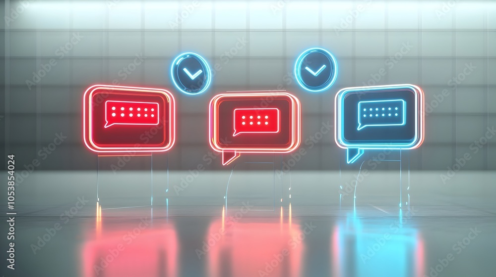 Poster neon lit 3d chat bubbles with glossy reflections and ellipsis hovering over a white background repre