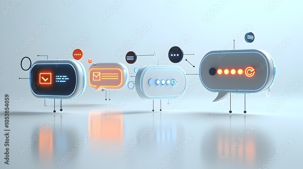 Poster Vibrant and futuristic looking 3D of neon lit chat bubbles with glossy reflections and ellipsis hovering over a clean white background representing digital communication and interaction in a modern