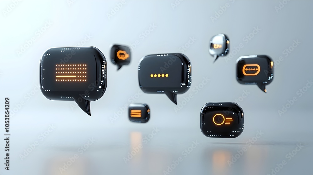 Poster Futuristic Glowing 3D Speech Bubbles with Accents and Ellipsis Floating Over a Minimal White Background for a Communication or Technology Concept