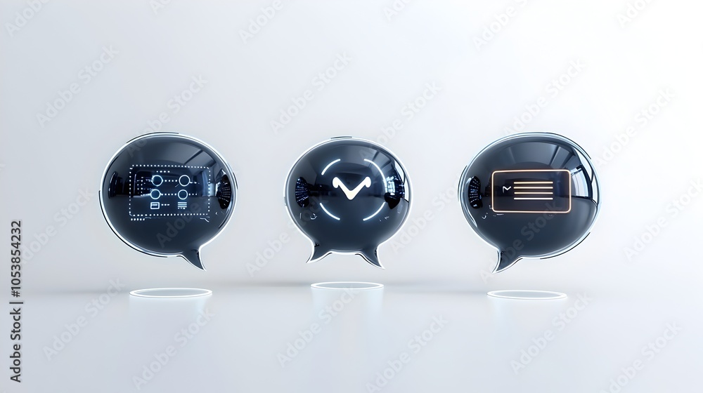 Aufkleber Sleek glossy 3D speech bubbles with futuristic glowing edges set against a clean white background featuring an ellipsis design for a modern messaging or communication concept