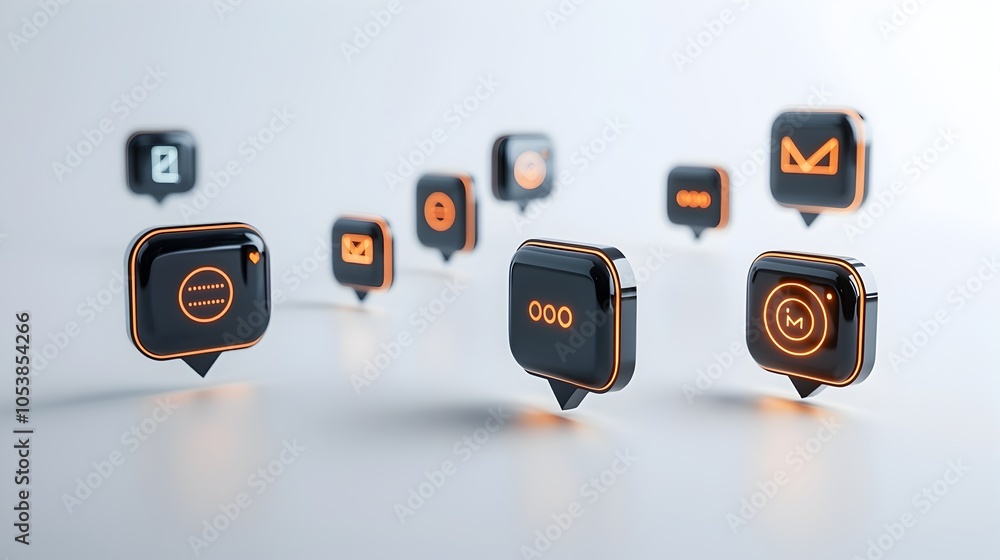 Poster Sleek glossy 3D speech bubbles with glowing edges and a futuristic design set against a clean white background creating a visually striking messaging concept for digital technology