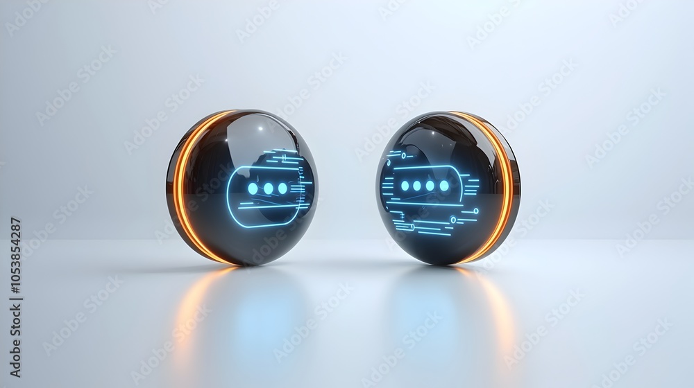 Poster Sleek and glossy 3D speech bubbles with glowing edges featuring an ellipsis and futuristic design set against a clean white background for a modern messaging or communication concept