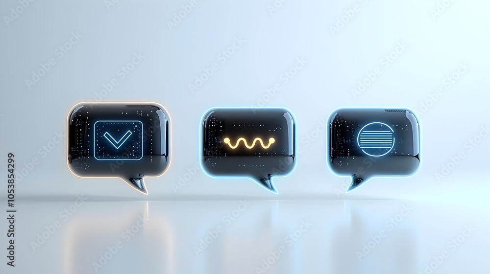 Poster Sleek and glossy 3D speech bubbles with glowing edges featuring a futuristic ellipsis design set against a clean white background for a modern messaging concept
