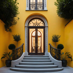 Fototapeta premium elegant yellow facade with curved staircase and ornate arched door and window design