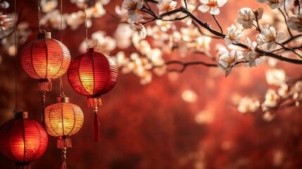Obraz premium Create an inviting copy space background for Chinese New Year, adorned with subtle red and gold accents, lanterns, and delicate cherry blossoms, providing a festive yet elegant canvas 