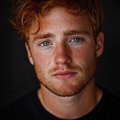 Obraz premium Portrait of a young man with red hair and freckles, intense expression and close-up on facial features for emotional and personal themes.