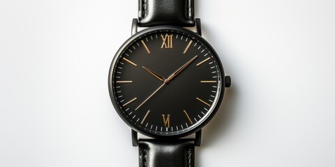 A black watch with a black leather band and gold Roman numeral hour markers on a white background.