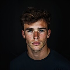 Fototapeta premium Portrait of young man with intense gaze showcasing confidence and mystery.