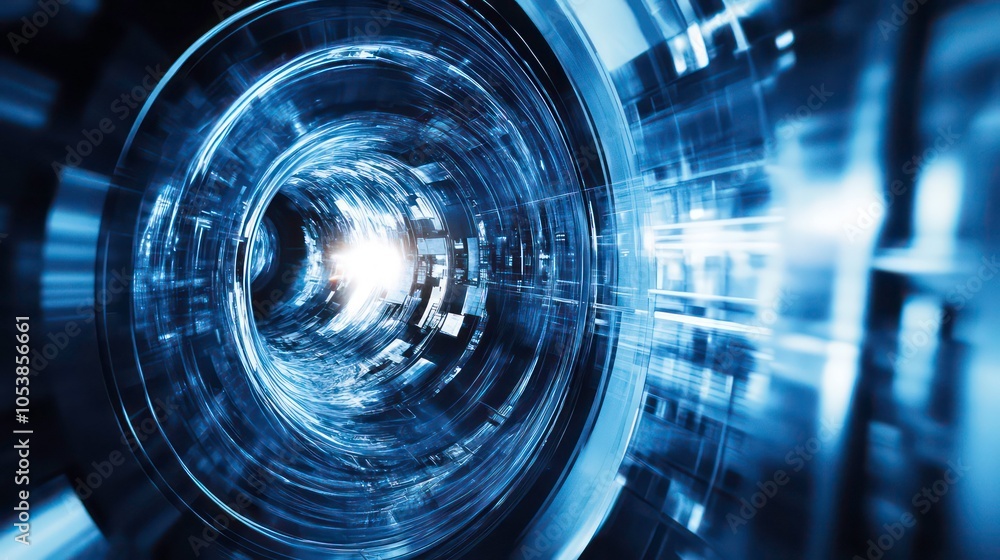 Poster abstract representation of a tunnel or vortex with dynamic light and motion effects.