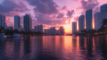 Fototapeta premium Moscow-City's towering skyscrapers line the Moskva River under a summer sunset. This business district showcases the city's modern architectural marvels against the backdrop of a vibrant evening sky. 