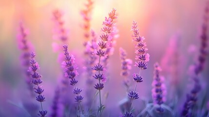 Obraz premium Purple Lavender Flowers Blooming in a Field at Sunset