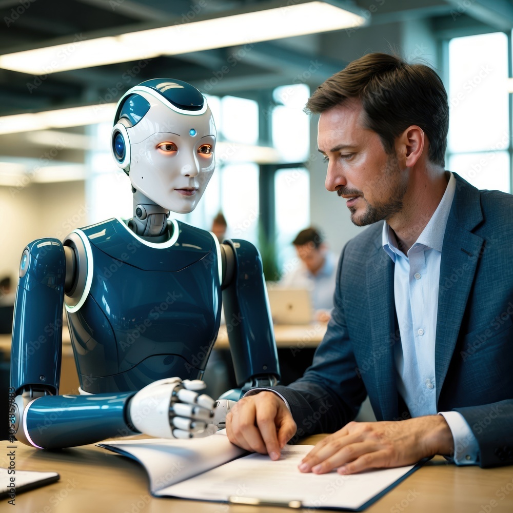 Poster a humanoid ai robot collaborating with a human in an office setting, showcasing advanced technology 