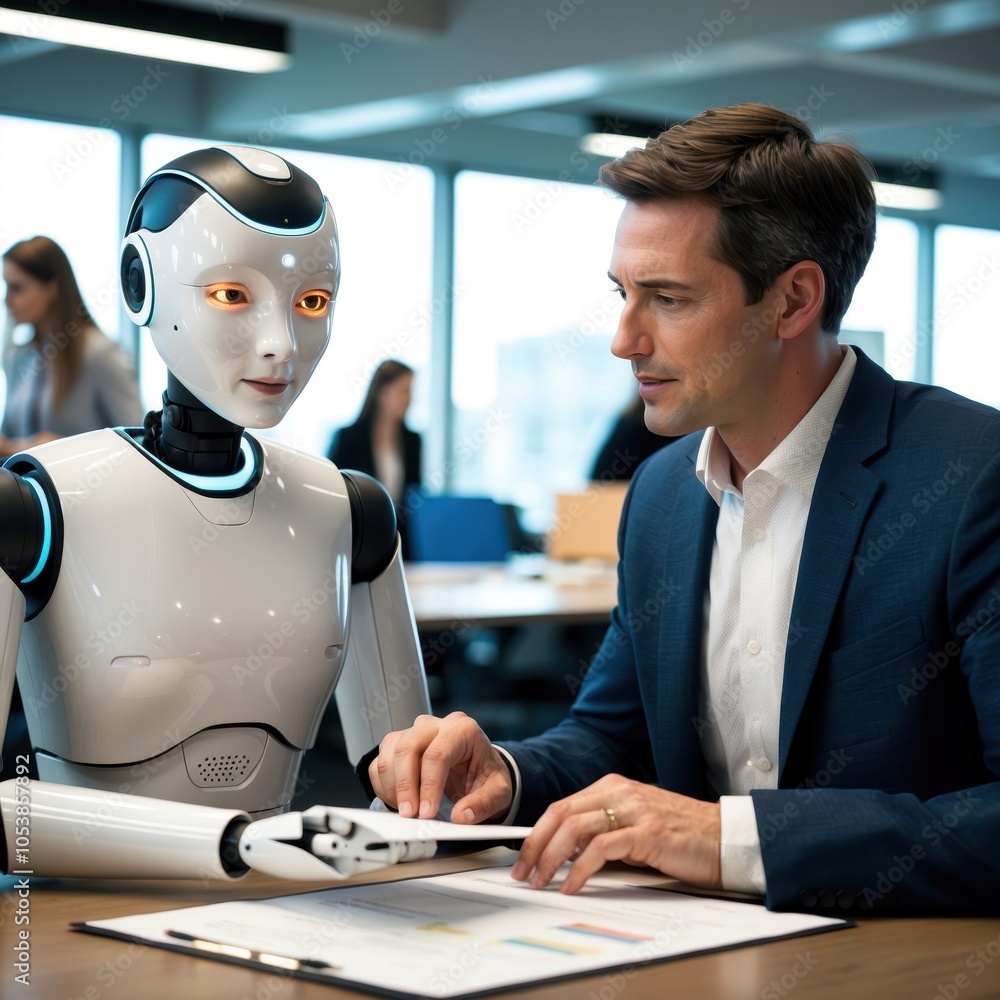 Poster a humanoid ai robot collaborating with a human in an office setting, showcasing advanced technology 