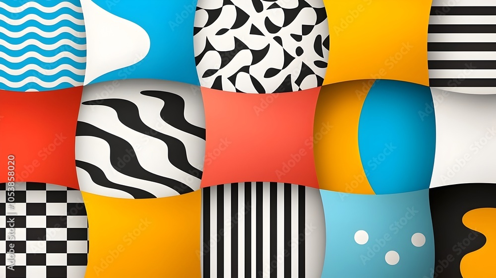 Poster vibrant and dynamic pop art abstract background featuring bold colorful stripes and geometric patter
