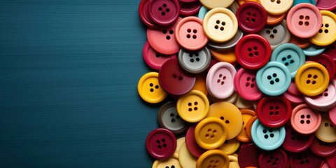 Fototapeta premium A vibrant cluster of assorted buttons on a dark blue background, showcasing a spectrum of colorful hues and intricate designs.