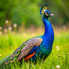 Obraz premium Majestic Peacock in a Lush Green Field