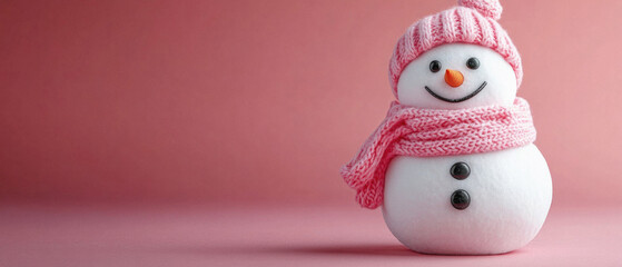 Fototapeta premium A snowman with a pink hat and scarf is standing on a pink background. The snowman is smiling, giving the impression of a happy and cheerful scene